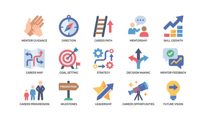 Fototapeta premium Career mentorship icons illustrating guidance and progression on white