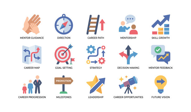 Career mentorship icons illustrating guidance and progression on white