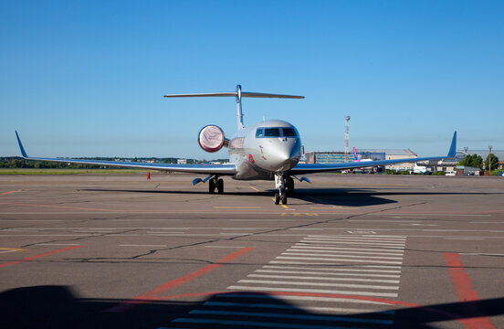 Plane Aircraft Gulfstream G650 OE-LEO in airport. Kyiv, Ukraine - June 26, 2020.