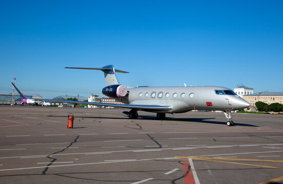 Plane Aircraft Gulfstream G650 OE-LEO in airport. Kyiv, Ukraine - June 26, 2020.