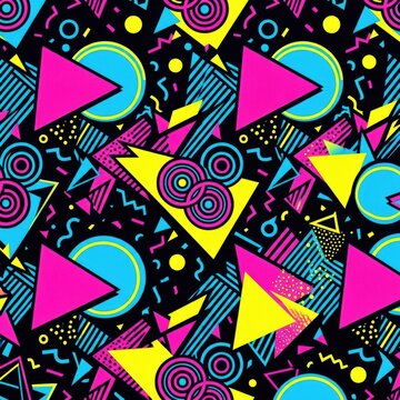 Neon Geometric Pattern With Various Shapes and Colors on a Dark Background Creating a Vibrant Design Suitable for Modern Art and Decor