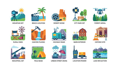 Fototapeta premium Film location and production set icons arranged in grid