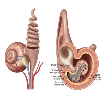 Anatomical illustration of the human ear's cochlea and its intricate internal structure for hearing