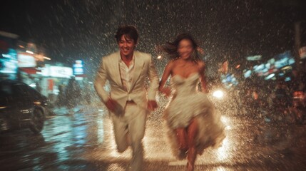 Obraz premium Happy Wedding couple in rain,london or paris,Young joyful bride and groom emotionally dancing,honeymoon and romantic time,valentine,sweet moment,copy space.