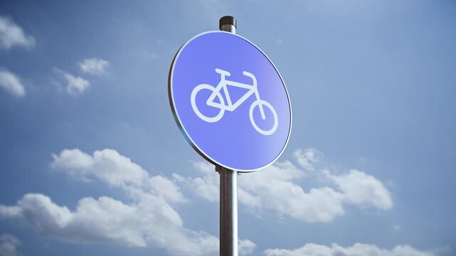 Rotating bicycle sign isolated with alpha channel, blue traffic sign animation with static camera and transparent background