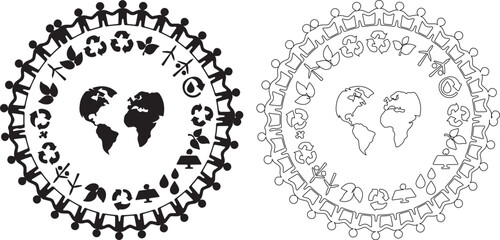 Obraz premium Black and White Earth Globe with People and Ecology Icons Vector