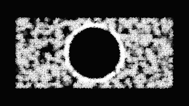 Abstract circular pattern with swirling white shapes forming a frame on black background.