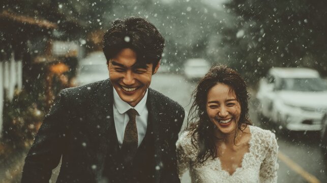 Happy Wedding couple in rain,london or paris,Young joyful bride and groom emotionally dancing,honeymoon and romantic time,valentine,sweet moment,copy space.