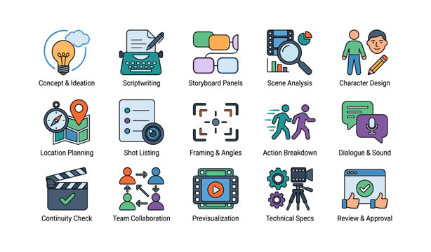 Video preproduction icons depicting planning steps for production