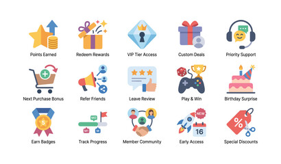 Fototapeta premium Loyalty icons showing rewards and membership features on white
