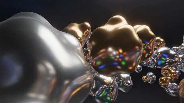 Abstract 3D animation of fluid glossy silver and gold spheres floating and reflecting light on a dark background