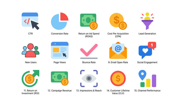 Marketing metrics icons showing performance indicators in grid