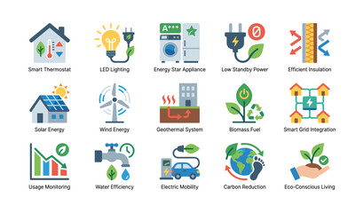 Fototapeta premium Icons of energy efficiency measures arranged in grid layout