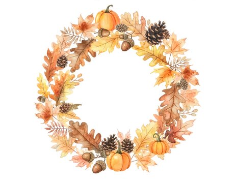 Watercolor autumn wreath with fall leaves, pumpkins and acorns, hand painted botanical illustration on white background