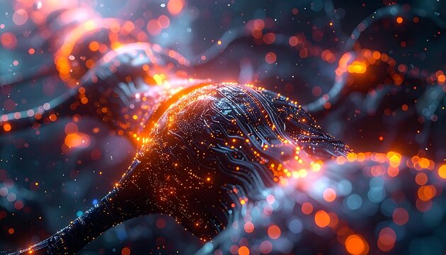 A neuron with glowing orange connections and nodes