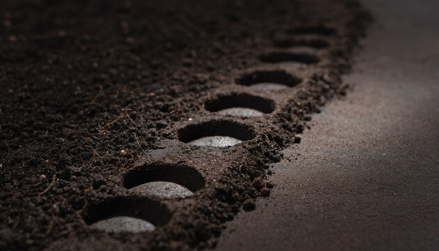 Garden planting soil seed hole row close up Garden planting soil seed hole row close up prepared earth bed with drilled holes