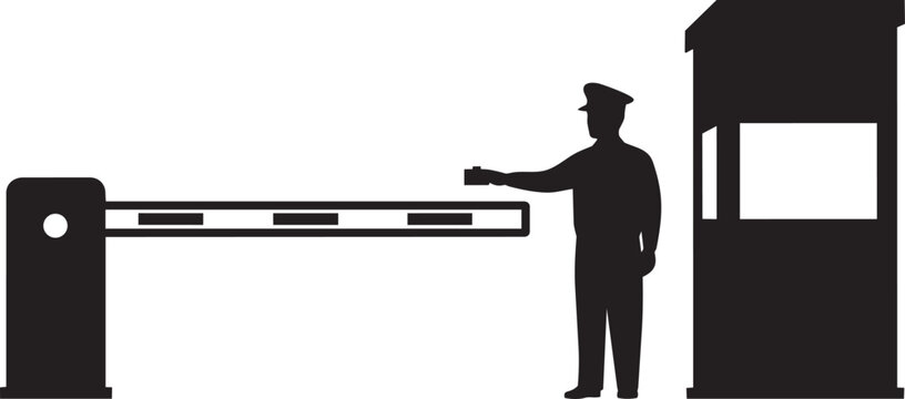 Silhouette of a security guard standing at a vehicle barrier gate with a guard booth