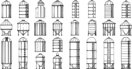 Collection of various line art agricultural silos and grain bins for farm and industrial storage, featuring diverse types and structures. © abenail