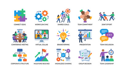 Fototapeta premium Teamwork icons showing collaboration and meetings on white background