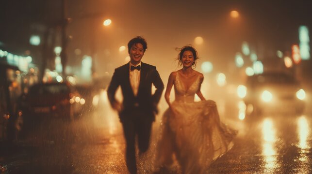 Happy Wedding couple in rain,london or paris,Young joyful bride and groom emotionally dancing,honeymoon and romantic time,valentine,sweet moment,copy space.