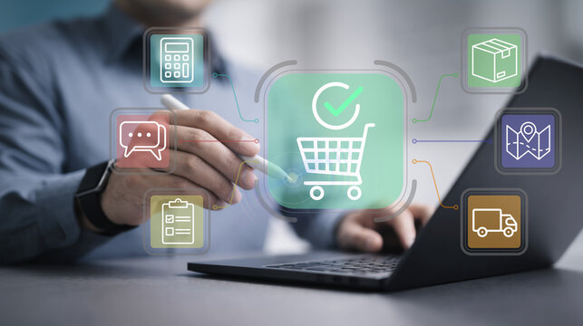 E-commerce order management system and online store operations. Analysis of order processing, payments, delivery tracking and customer communication. User using laptop for managing ecommerce orders.