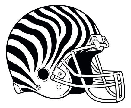Black and white line art illustration of an American football helmet depicting a zebra pattern for sports design