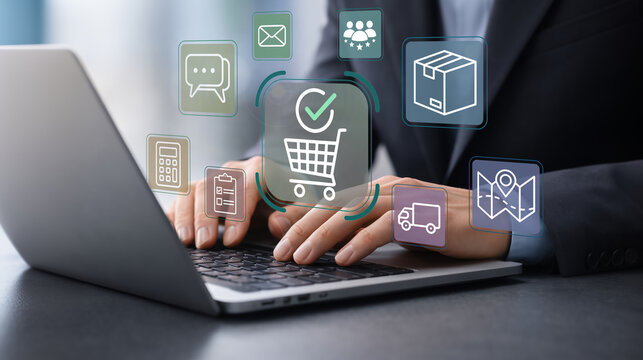 E-commerce order management system. Analysis of order processing, delivery tracking, payments and customer communication. Businessman using laptop for processing ecommerce orders.