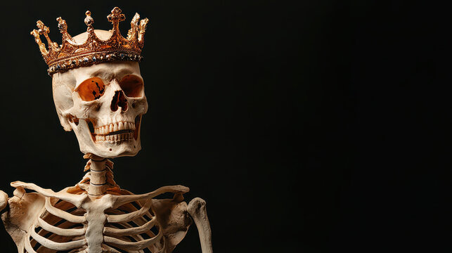 Skeleton king with broken crown exudes haunting presence, symbolizing lost power and forgotten glory