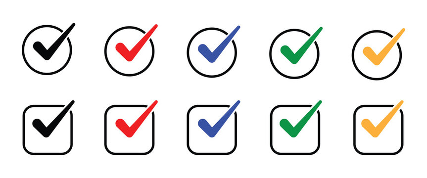 Check mark vector icon set. Check tick mark icon. check mark checkbox list vector.  Outline Tick button symbol.