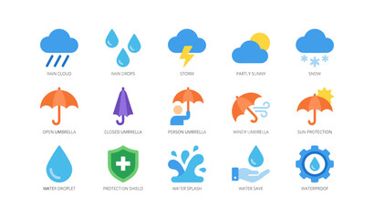 Obraz premium Weather and umbrella icons arranged in grid on white background