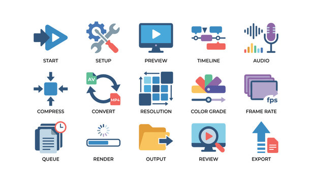 Video editing icons displaying workflow tools on white background