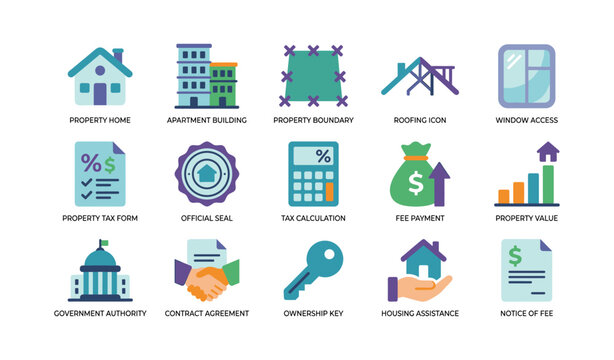 Property and housing icons arranged in grid on white background