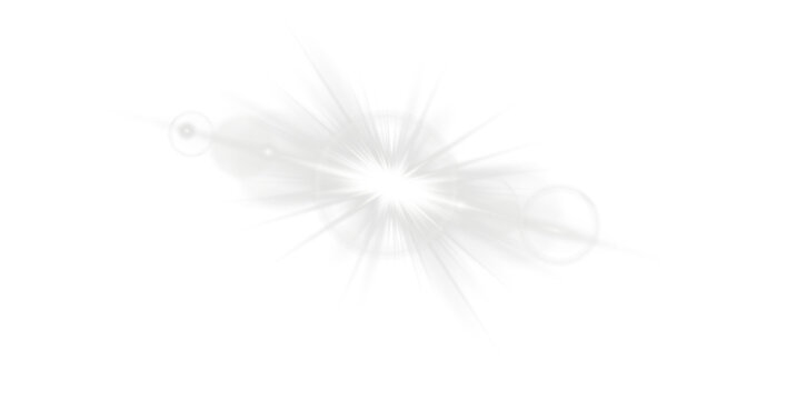 White sparkle light effect isolated on transparent background. Glowing silver white light. Shining star, light spark with rays. Light sparkle bling effect. Light PNG. Flare light, lens flare