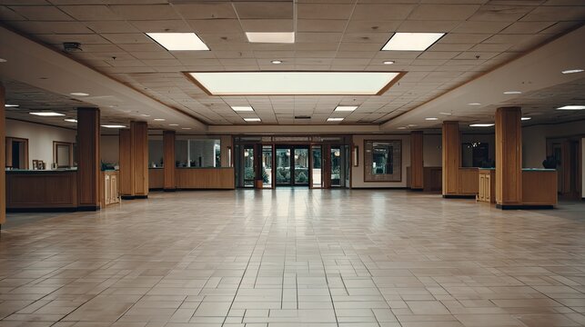 Expansive view of an empty commercial building lobby featuring tiled floors, wooden counters, and high ceilings with fluorescent lighting, creating a sense of abandonment