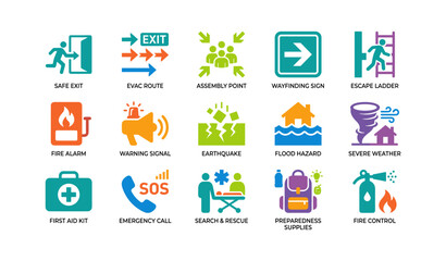 Fototapeta premium Emergency icons for evacuation and hazard information