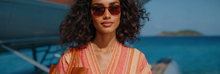 Obraz premium Woman posing by seaplane wearing orange striped outfit and sunglasses