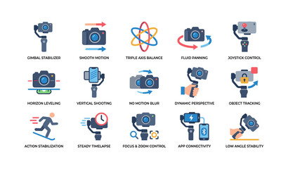 Fototapeta premium Gimbal and stabilizer icons showing motion features on white