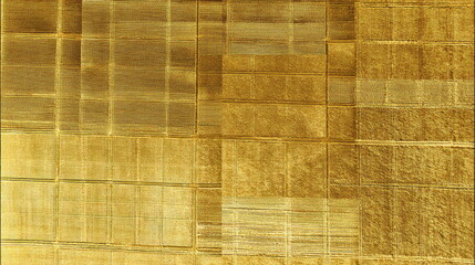 Naklejka premium Golden harvested fields creating an intricate abstract pattern from an aerial perspective, highlighting geometric shapes and diverse agricultural textures across the rural landscape