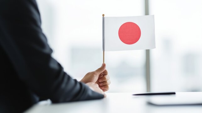 Hand holds tiny Japanese flag