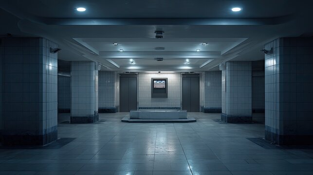Empty subway station with blue light creating liminal space
