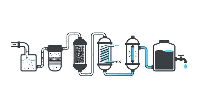 Water Filtration Purification System Diagram, Industrial Water Treatment Process, Clean Water Technology Isolated White Background.