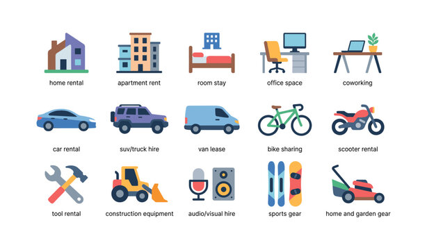 Rental and sharing service icons displayed in grid on white