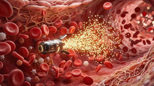 A futuristic nanobot travels through a blood vessel releasing therapeutic particles among red and white blood cells in a human circulatory system.