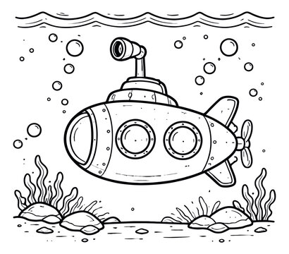 Hand drawn line art illustration of a submarine depicting an underwater exploration for a children's activity