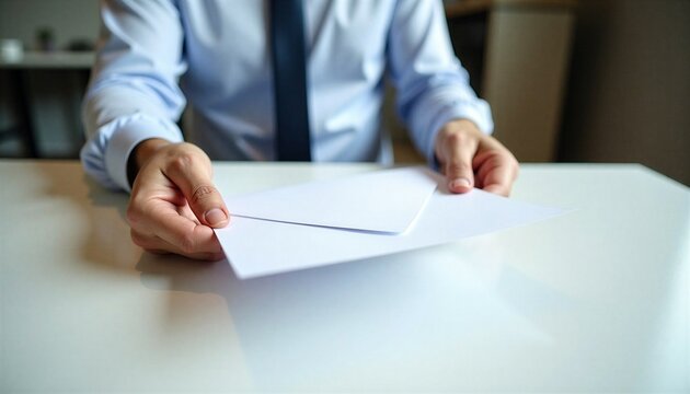 Businessman holding blank white envelope. Professional offering letter or document. Office communication and correspondence concept. Close up of male hands with paper at desk.