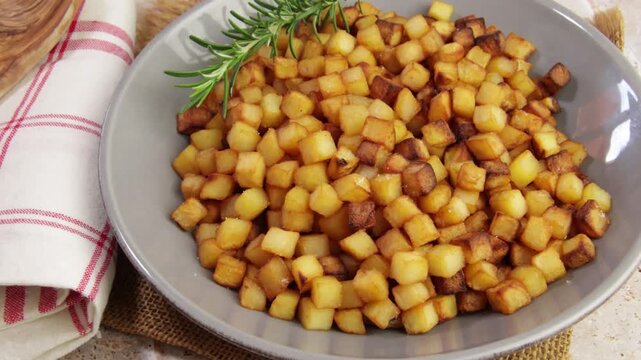 Pommes de terre rissol&eacute;es dor&eacute;es dans un plat