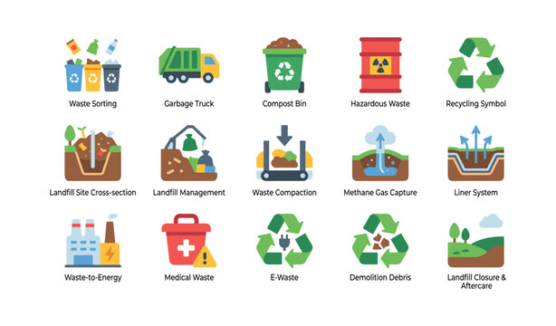 Waste and landfill icons showing sorting and recycling grid