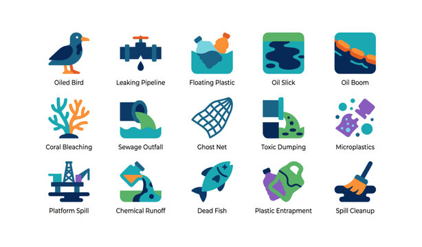 Marine pollution icons showing contamination on white background