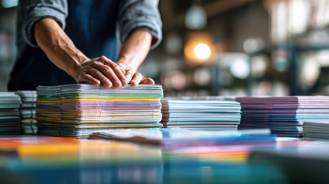 Precision in Print: A skilled hand meticulously arranges stacks of colorful printed materials, showcasing the art and dedication of the printing industry.