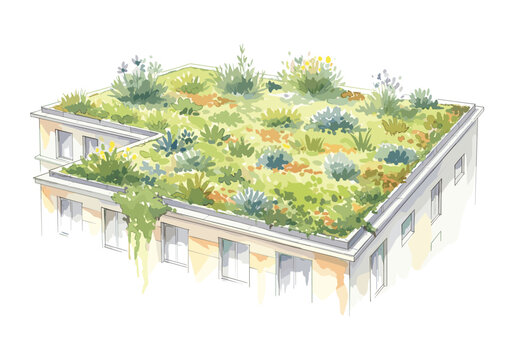 Illustration of a modern building with a lush green roof garden full of diverse plants
